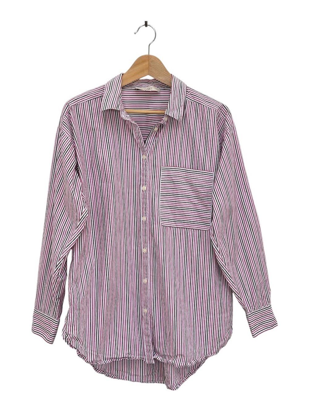 Loft Striped Poplin Everyday Oversized Shirt Size Medium White Pink Brown Preppy
